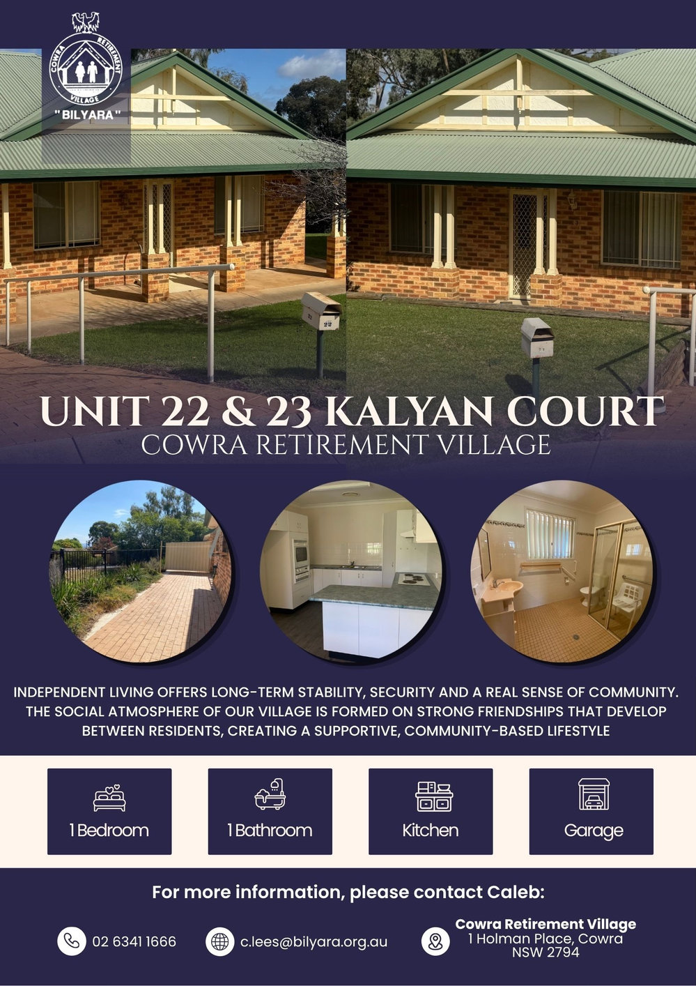 Flyer for units 22 and 23 Kalyan Court: one bedroom, one bathroom, kitchen and garage. Contact Caleb on 02 6341 1666 or c.lees@bilyara.org.au